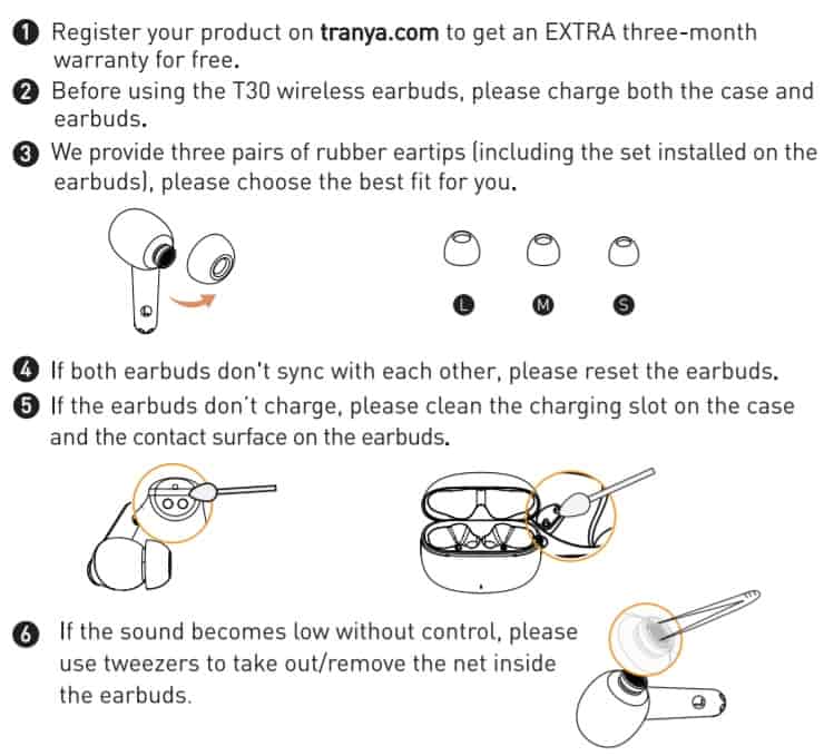 TRANYA T30 Wireless Earbuds IMPORTANT NOTES