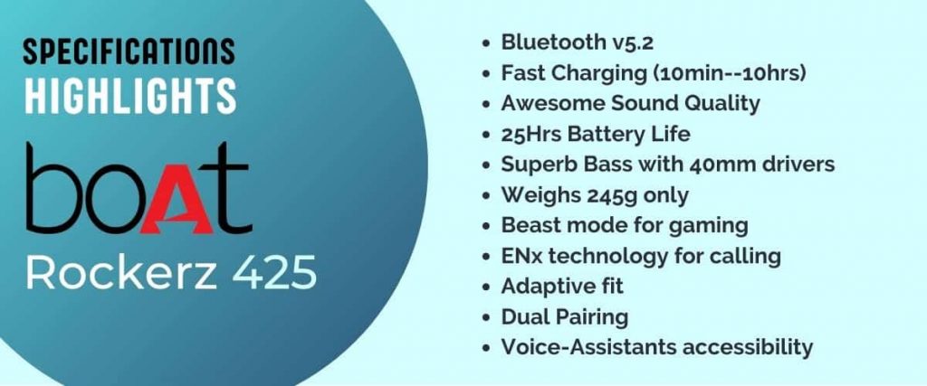 boAt Rockerz 425 wireless headphones Specifications