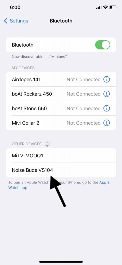 Noise Buds vs104 visible in iPhone Bluetooth Setting