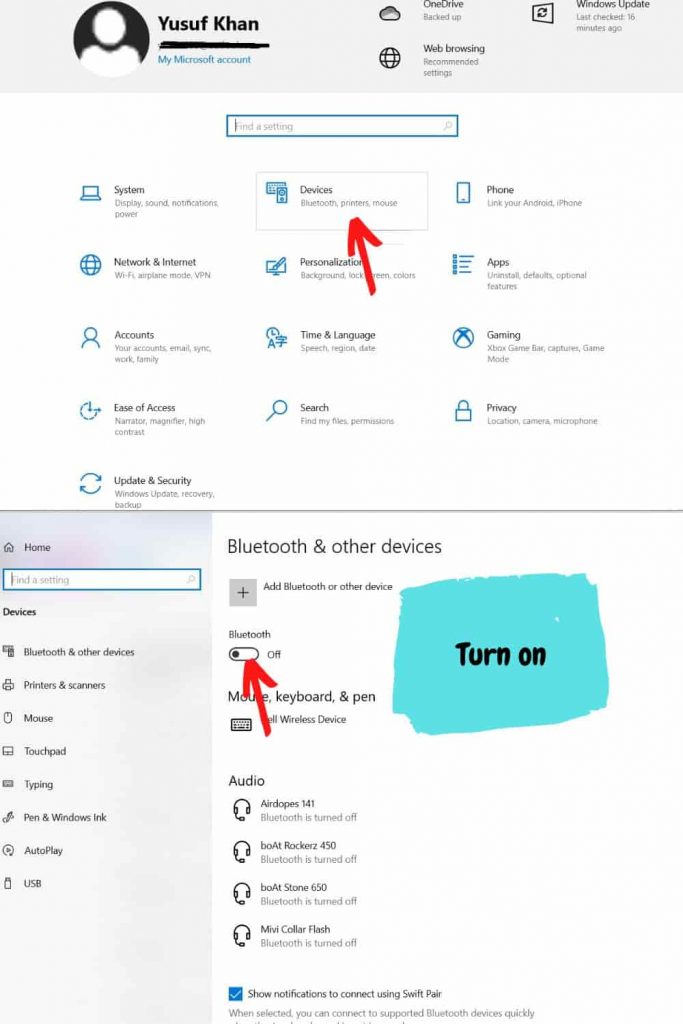 Turn on Bluetooth in Windows Laptop for noise Buds vs104